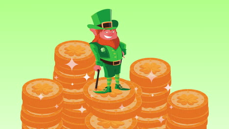 feliz día de san patricio animación con personaje leprechaun en pila de monedas de oro