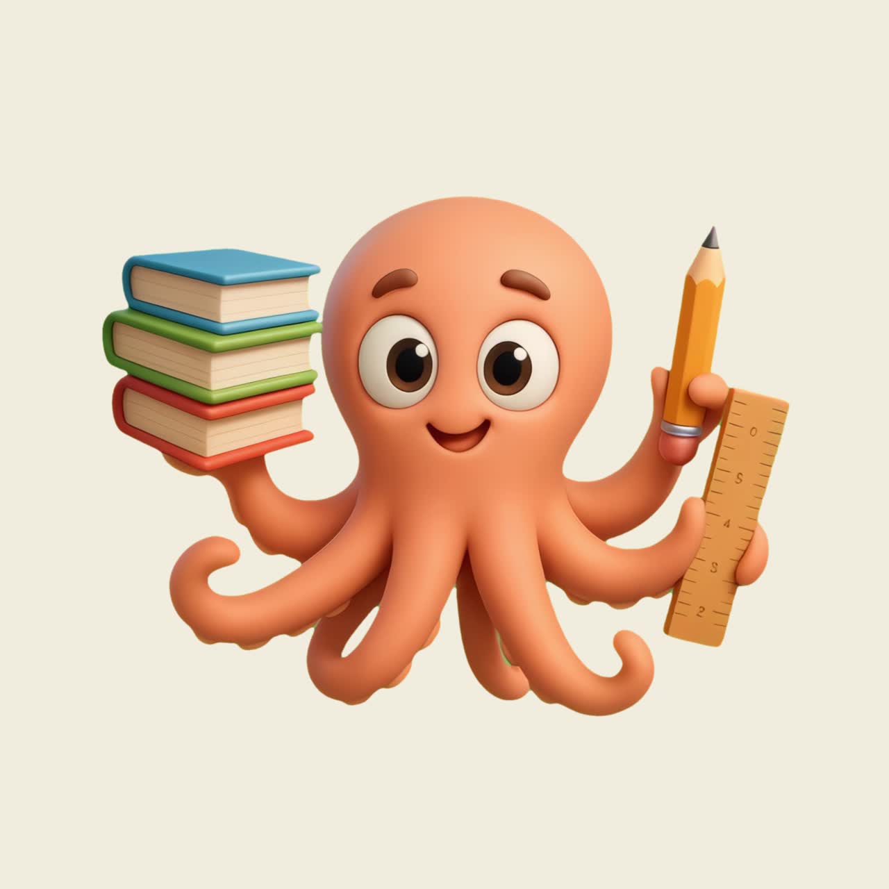 Cute octopus with educational tools animation isolated asset, transparent 4K video, alpha channel