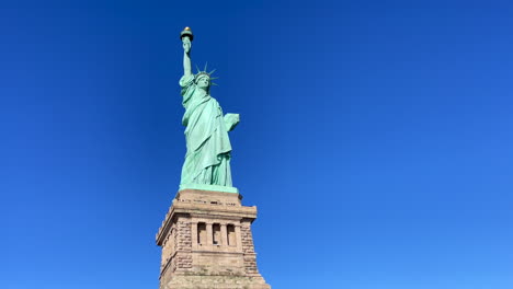 static shot of the tall statue of liberty in new york on a clear summer day