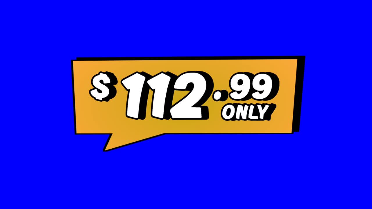 Animation $112.99 only price tag in orange speech bubble motion graphics on Blue screen background. Perfect for ads, e-commerce, retail, discounts, and promo videos business concept video element
