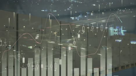 Animation-of-statistics-processing-over-stack-of-cardboard-boxes-in-background