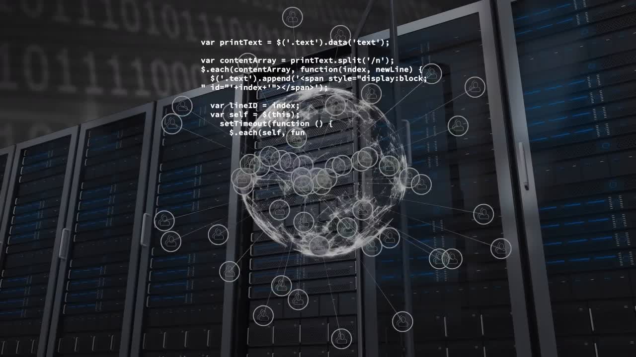 animação do globo de conexões e processamento de dados sobre a sala do servidor