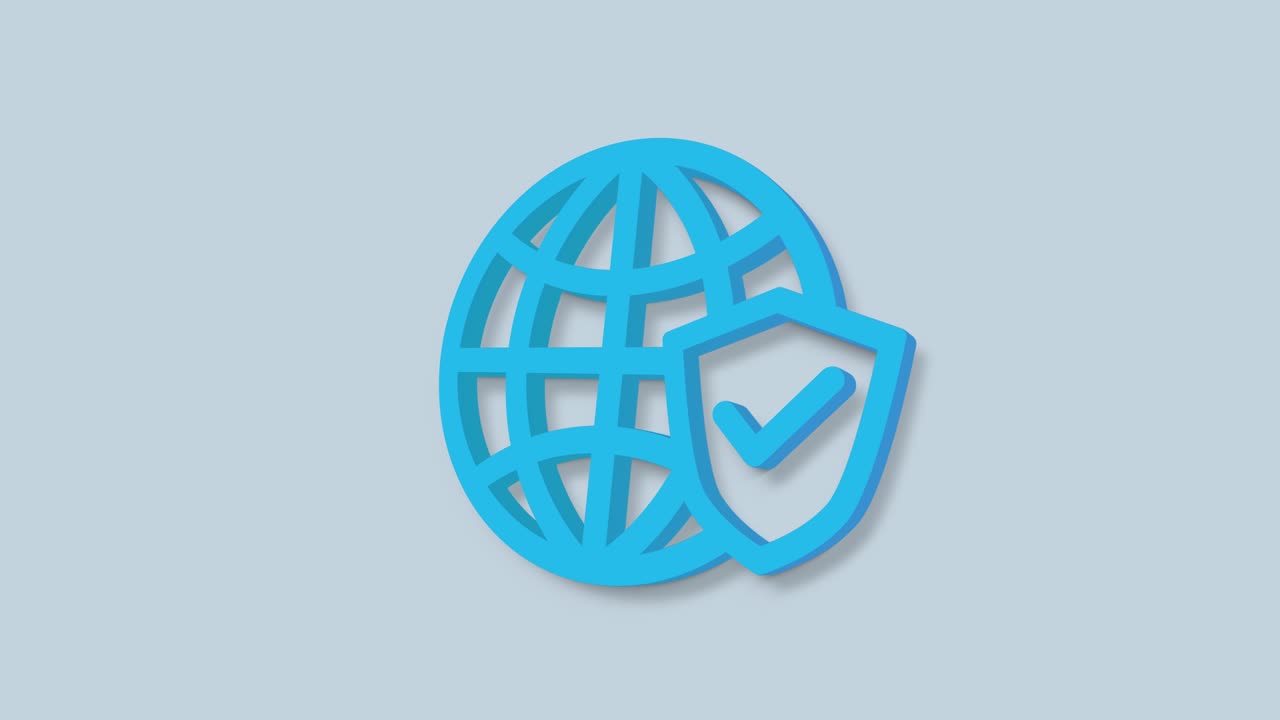 Earth globe 3d icon isolated on blue background. Shield with checkmark. 4K