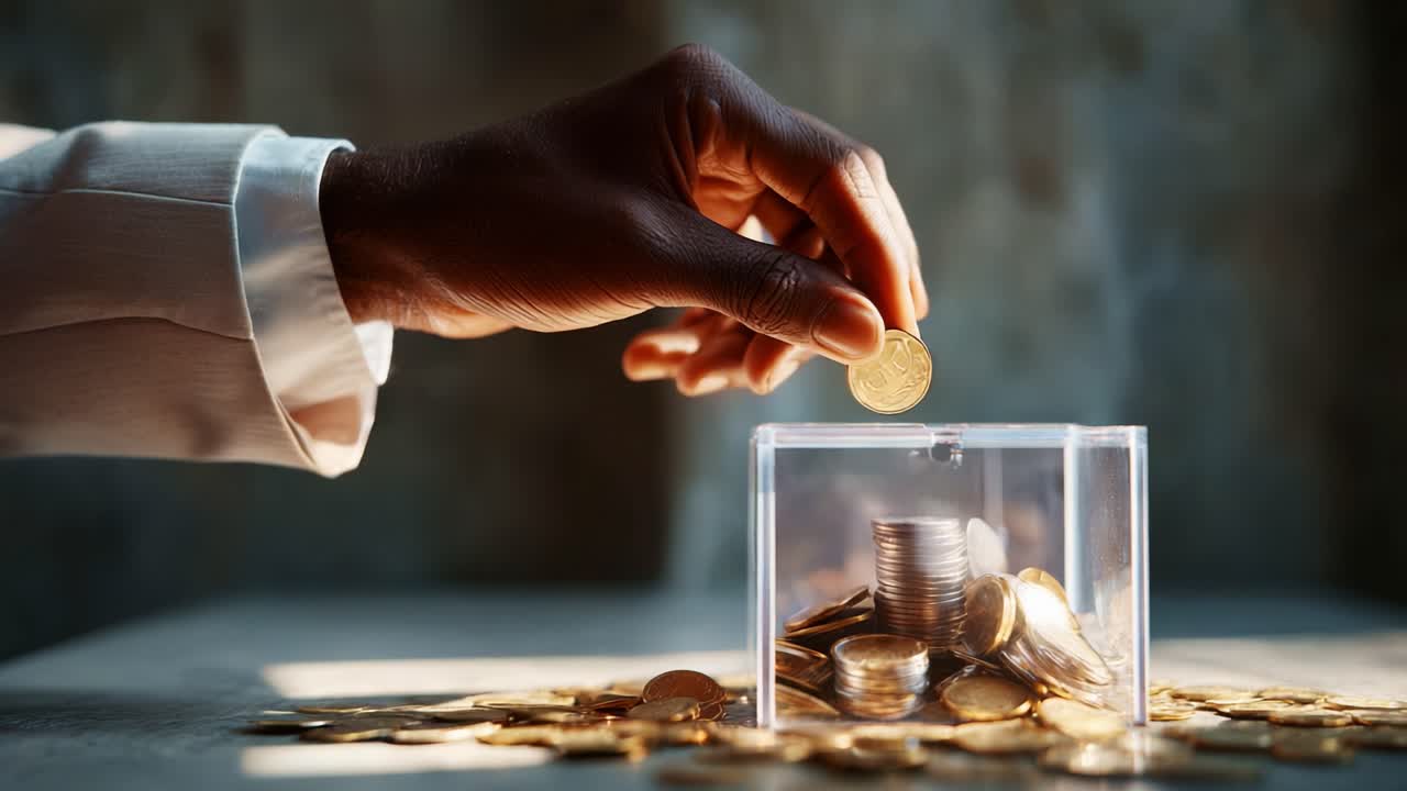 A Hand Placing Coins into a Clear Container Filled with Stacked Coins, Symbolizing Wealth Accumulation and Smart Financial Management in a Minimalist Setting