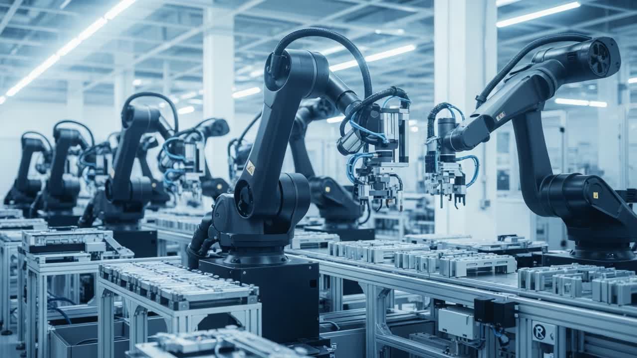 Advanced Industrial Robotics at Work in a High-Tech Manufacturing Facility Focusing on Precision Assembly Lines and Automated Production Processes