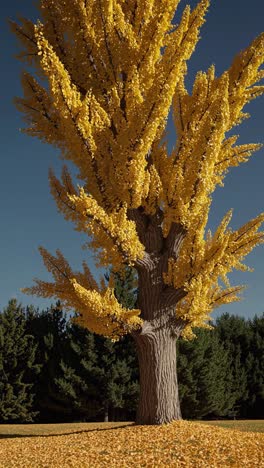 golden ginkgo tree with a thick trunk and bright yellow leaves standing in a park during a sunny autumn day, surrounded by a carpet of fallen leaves and a backdrop of evergreen trees