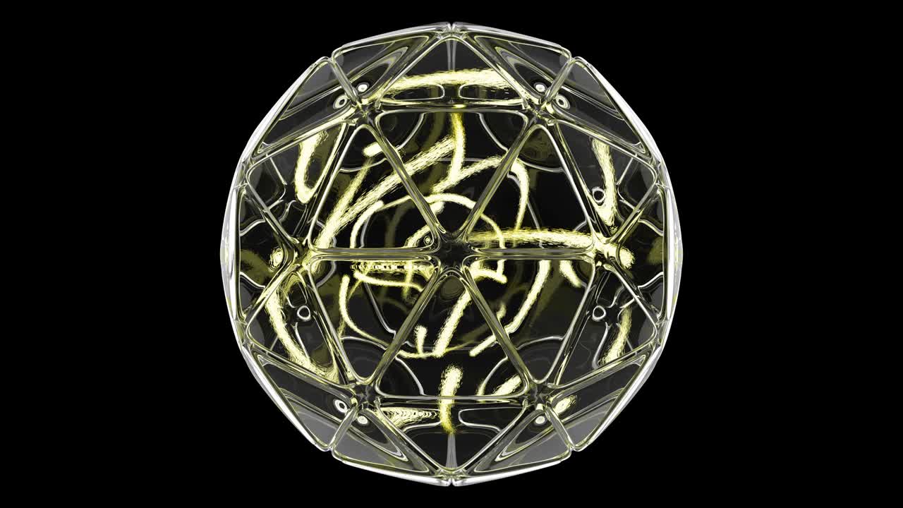 Futuristic geometric glass sphere constructed from triangles. Neon lights moving inside the ball. Seamless pattern with alpha channel.