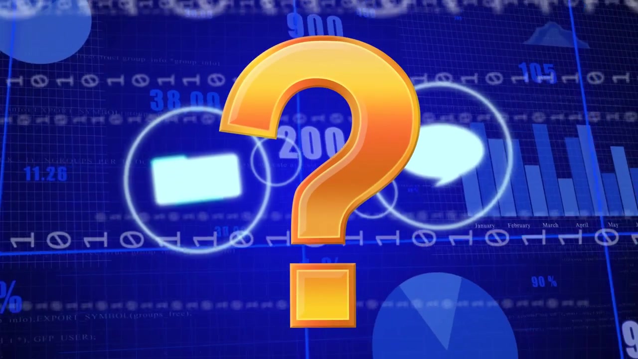 Orange 3D question mark zooming in, growing while icons orbiting blue grid, showing queries