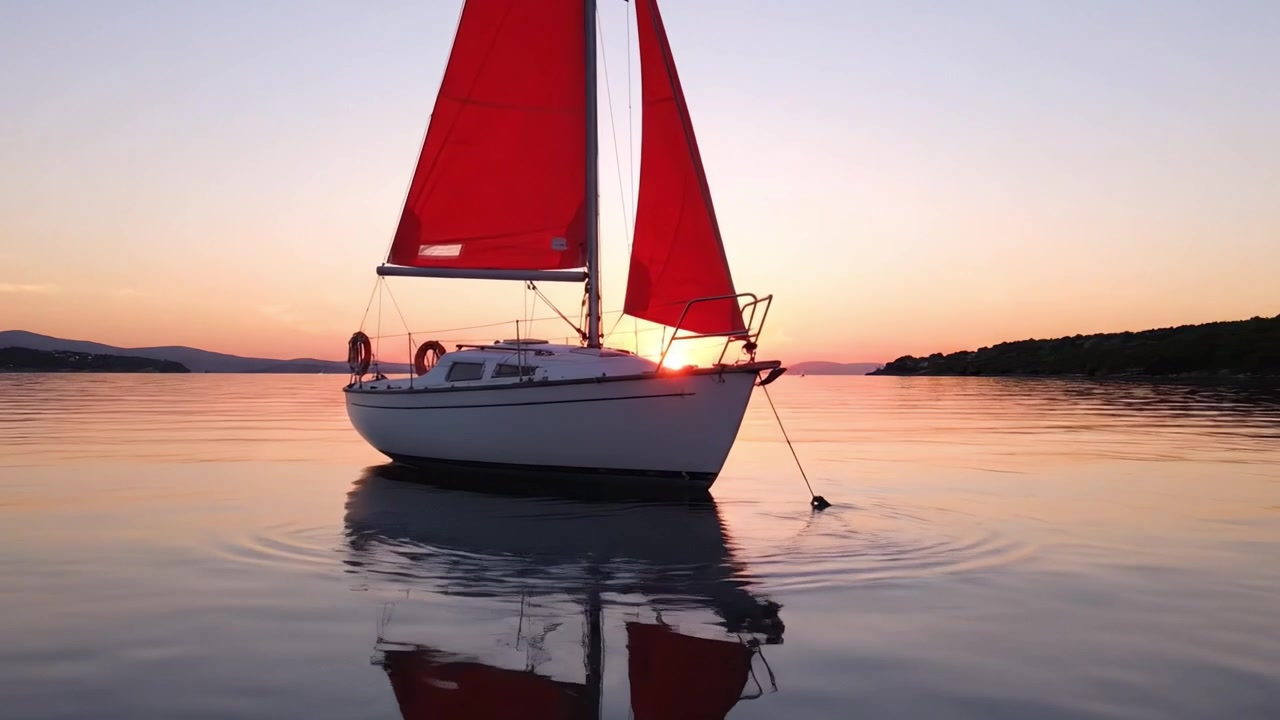 Vela serena al tramonto: uno yacht splendidamente ormeggiato con vele rosse che si riflette su acque calme sotto un cielo crepuscolare colorato