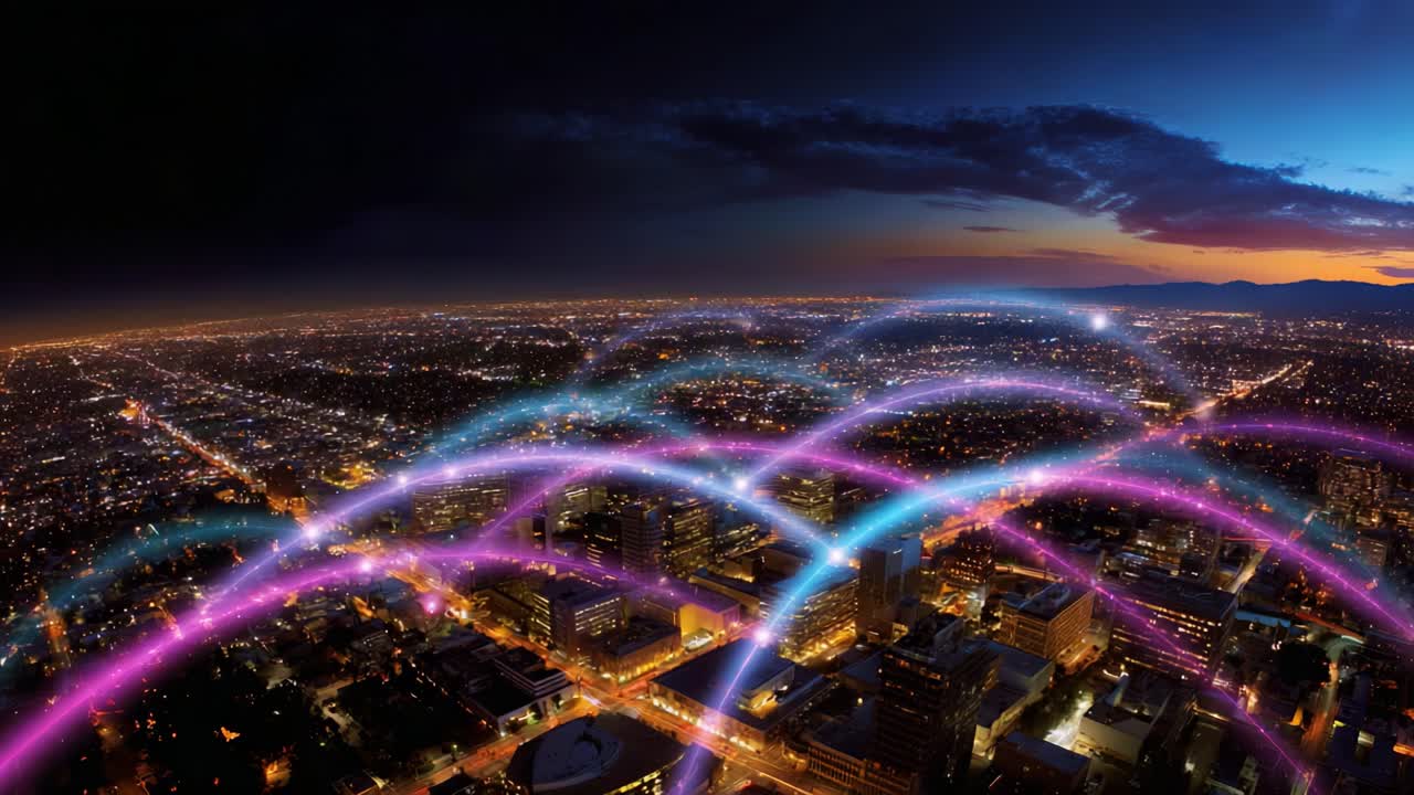 A Stunning Aerial View of a Cityscape at Dusk, Featuring Vibrant Light Trails and a Beautiful Twilight Sky that Enhance the Urban Landscape, Illuminating the Vibrant Life Below and Creating a Magical Atmosphere