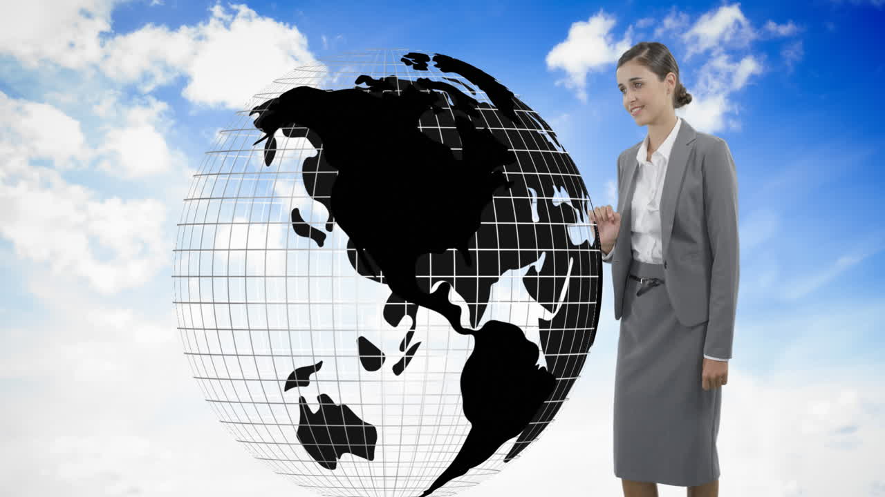 una mujer tocando un holograma de la tierra 4k