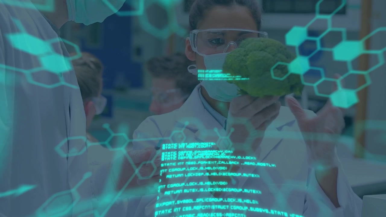 Scientists Analyzing Broccoli in Laboratory with Digital Data Overlay