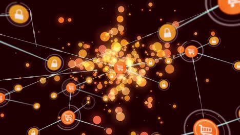 animación de la red de conexiones de los iconos del carrito de compras sobre fondo negro