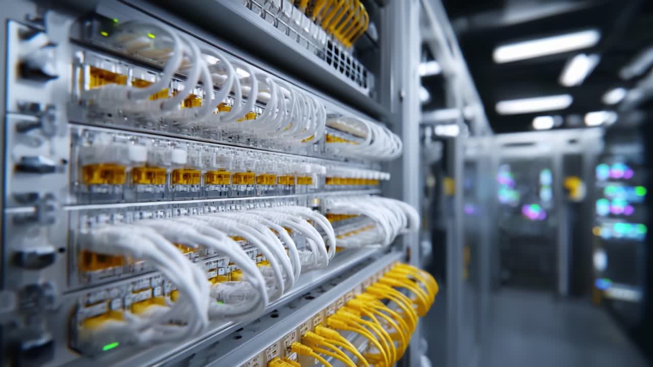 High-Tech Data Center Showcasing Advanced Networking Infrastructure with Fiber Optic Cables and Server Racks for Enhanced Connectivity and Storage Solutions