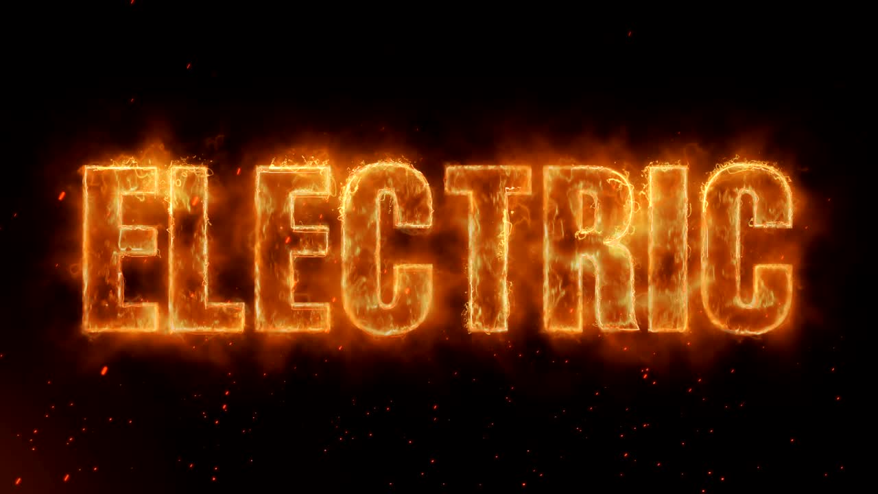 전기 단어: 현실적인 불에 뜨거운 불타는 불꽃, 불꽃과 연기가 연속적으로 원활하게 루프 애니메이션
