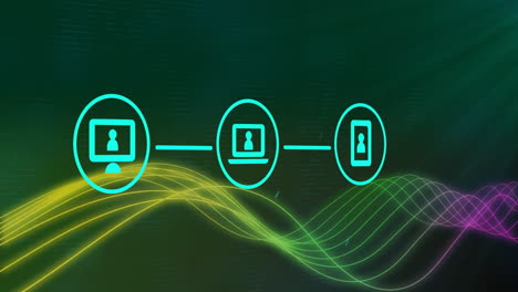 Animation-of-network-of-connections-with-digital-icons-over-green-background