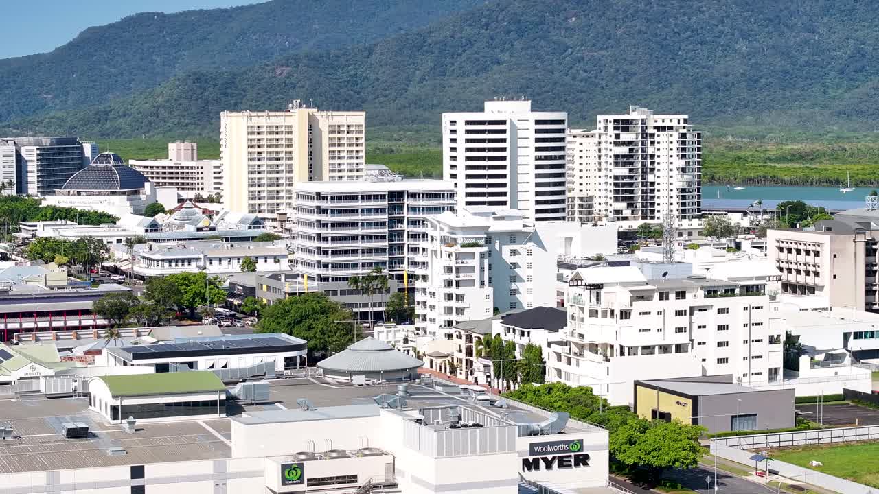 City Skyline Of Cairns On Banks Of Chinaman Creek In Queensland, Australia. drone shot