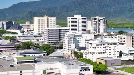 city skyline of cairns on banks of chinaman creek in queensland, australia. drone shot