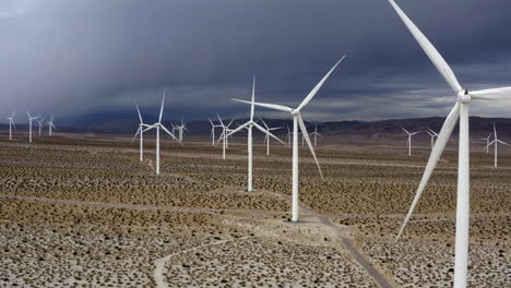 Aerial-view-of-wind-power-generators,-stormy-day-in-the-deserts-of-southwest-USA