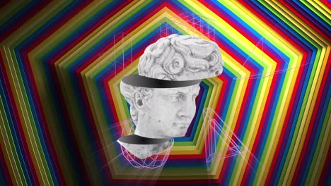 animation of distorting spliced classical sculpture bust over concentric rainbow hexagonal stripes