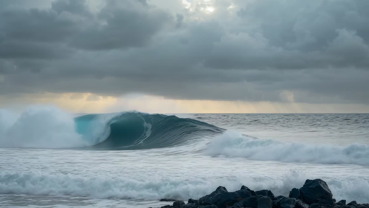 Swelling ocean wave releasing white foam and crashing onto volcanic rocks, beneath cloudy sky