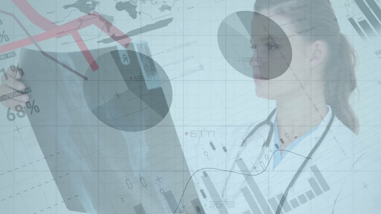 animación de la interfaz infográfica sobre gráficos contra una doctora caucásica analizando rayos x