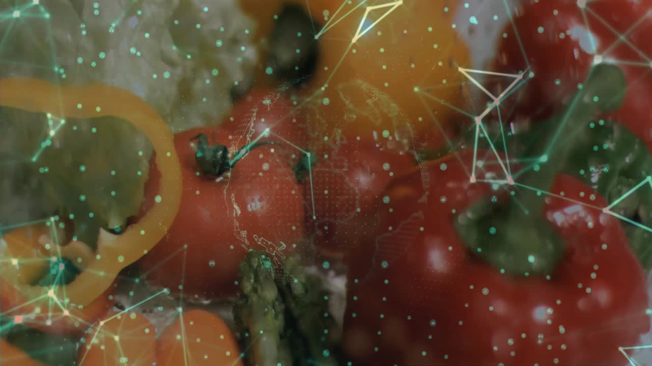 Sovrapposizione di rete verde che appare su verdure e un globo puntinato rotante, visualizzando dati alimentari