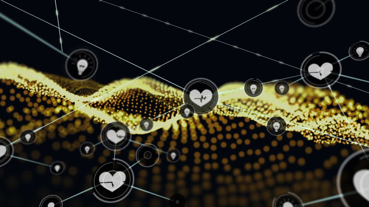 노란색 메쉬 위에 디지털 심장 아이콘으로 연결 네트워크의 애니메이션