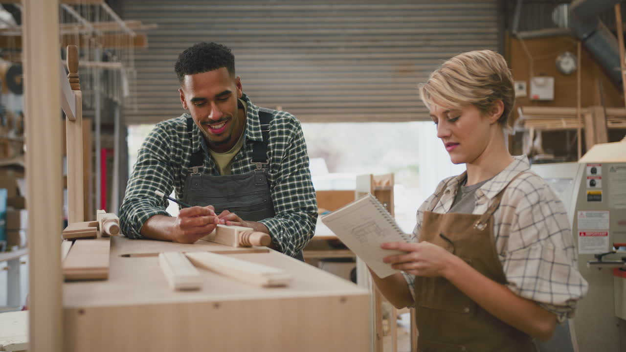 Male And Female Apprentices Working As Carpenters In Furniture Workshop Measure Wood And Take Notes
