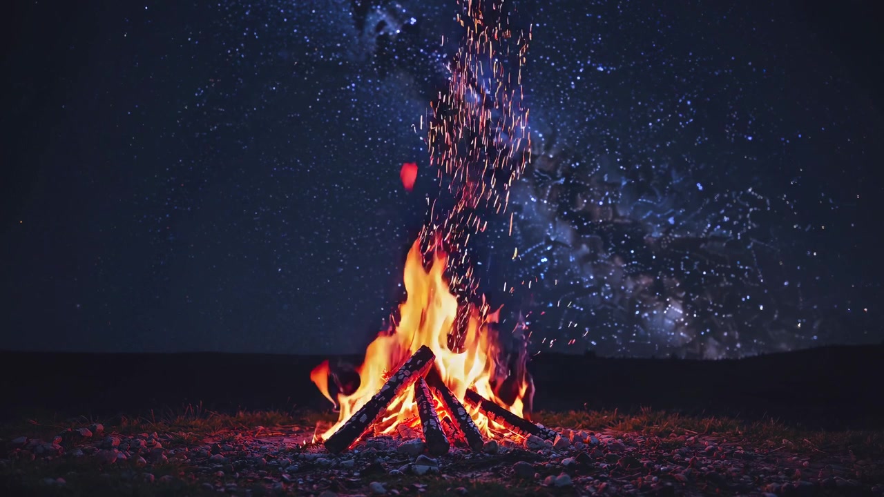 營火在繁星點點的夜空下燃燒，銀河清晰可見