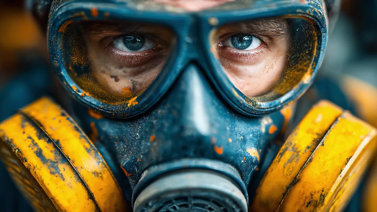 Close-up Portrait of a Masked Individual Wearing a Protective Respirator, Capturing Intense Focus and Determination Amidst a Dusty Environment