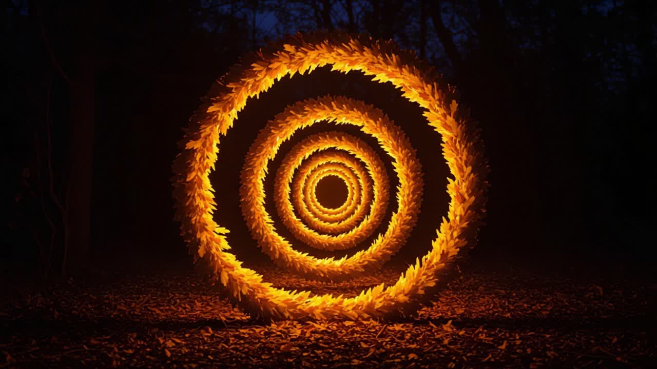 Illuminated Spiral of Autumn Leaves: A Captivating Journey Through Nature's Vibrant Colors and Whimsical Shapes at Dusk