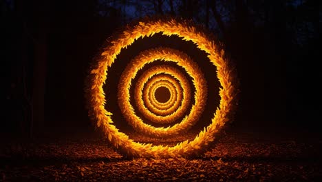 Illuminated Spiral of Autumn Leaves: A Captivating Journey Through Nature&#039;s Vibrant Colors and Whimsical Shapes at Dusk