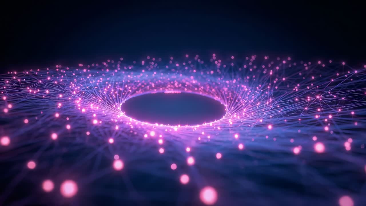 Rising edge nodes linking via strands on dark plane forming torus carving void, peaking, dispersing