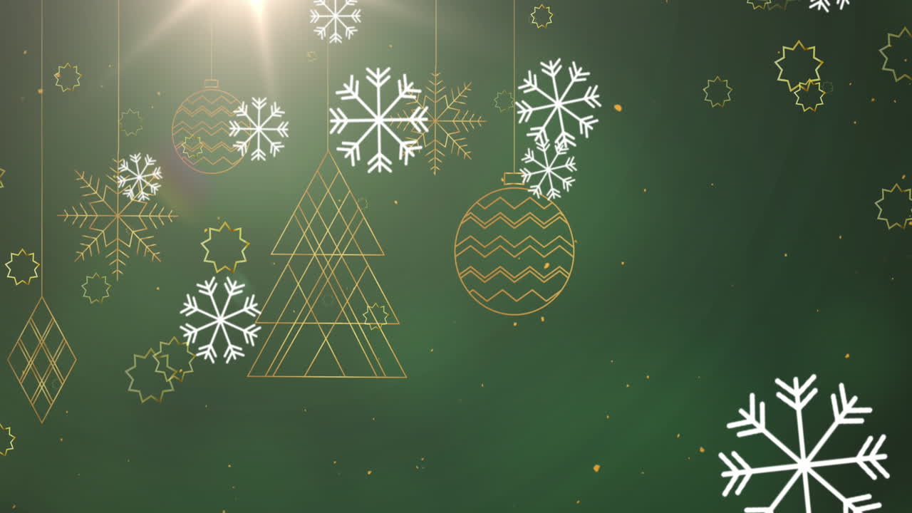 animación de copos de nieve cayendo sobre decoraciones colgantes y punto de luz contra fondo verde