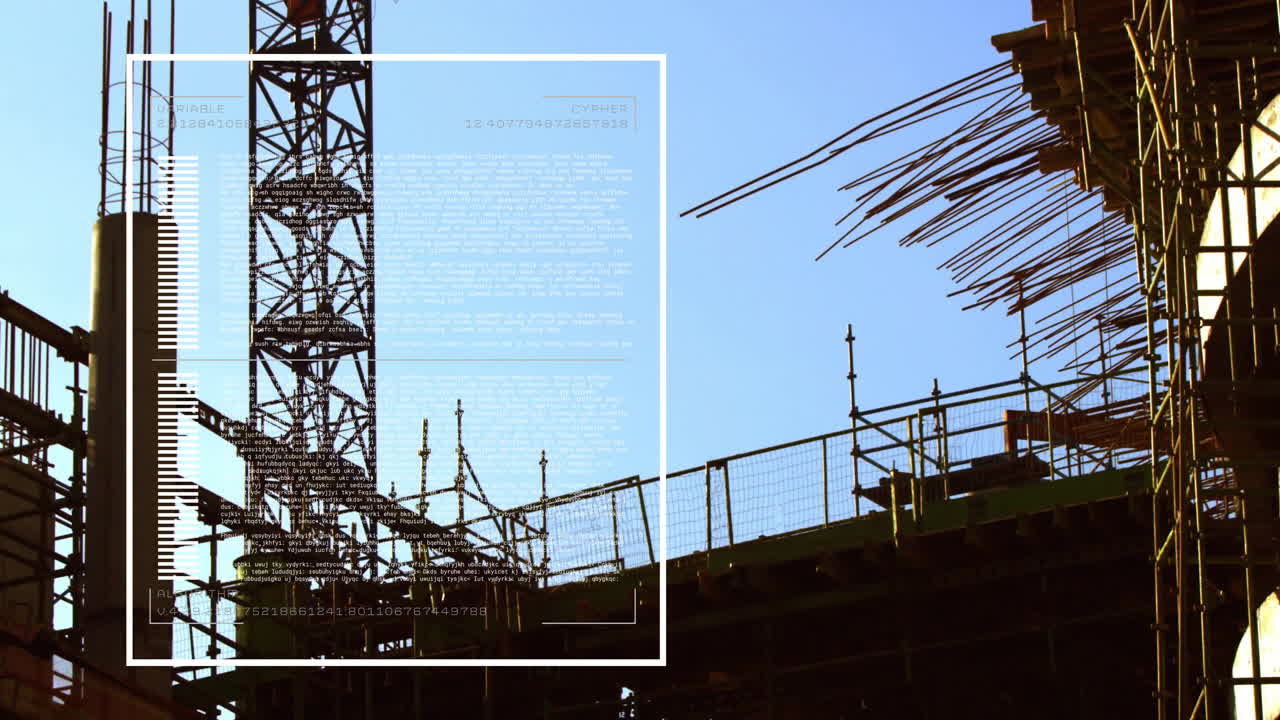 Construction site with steel framework and text animation over blue sky background
