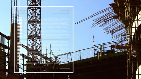 construction site with steel framework and text animation over blue sky background