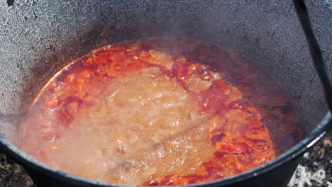 high angle view of goulash cooking outdoors over