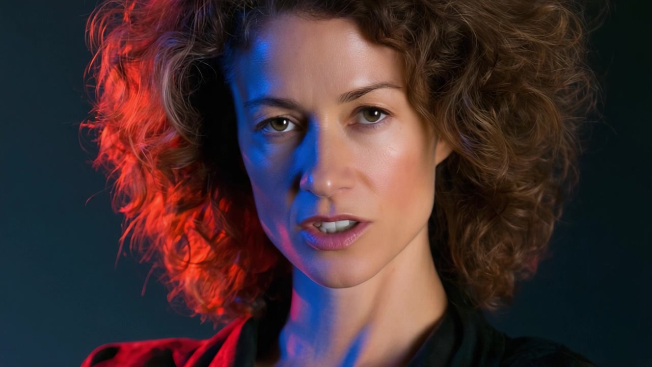 A Dramatic Portrait of a Confident Woman with Curly Hair Backlit by Striking Red and Blue Lighting, Capturing Powerful Emotions in Both Frames