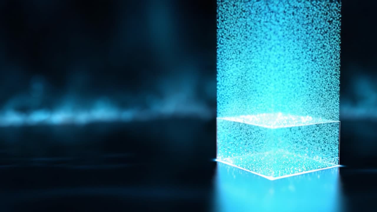 Ethereal Glow of Cubic Structure Surrounded by Luminous Particles in Dark Environment Captured in Mystical Ambience with Glimmering Effects