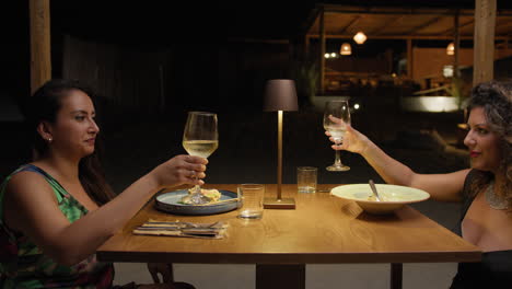 two friends cheering with wine glass during the dinner at the night resort