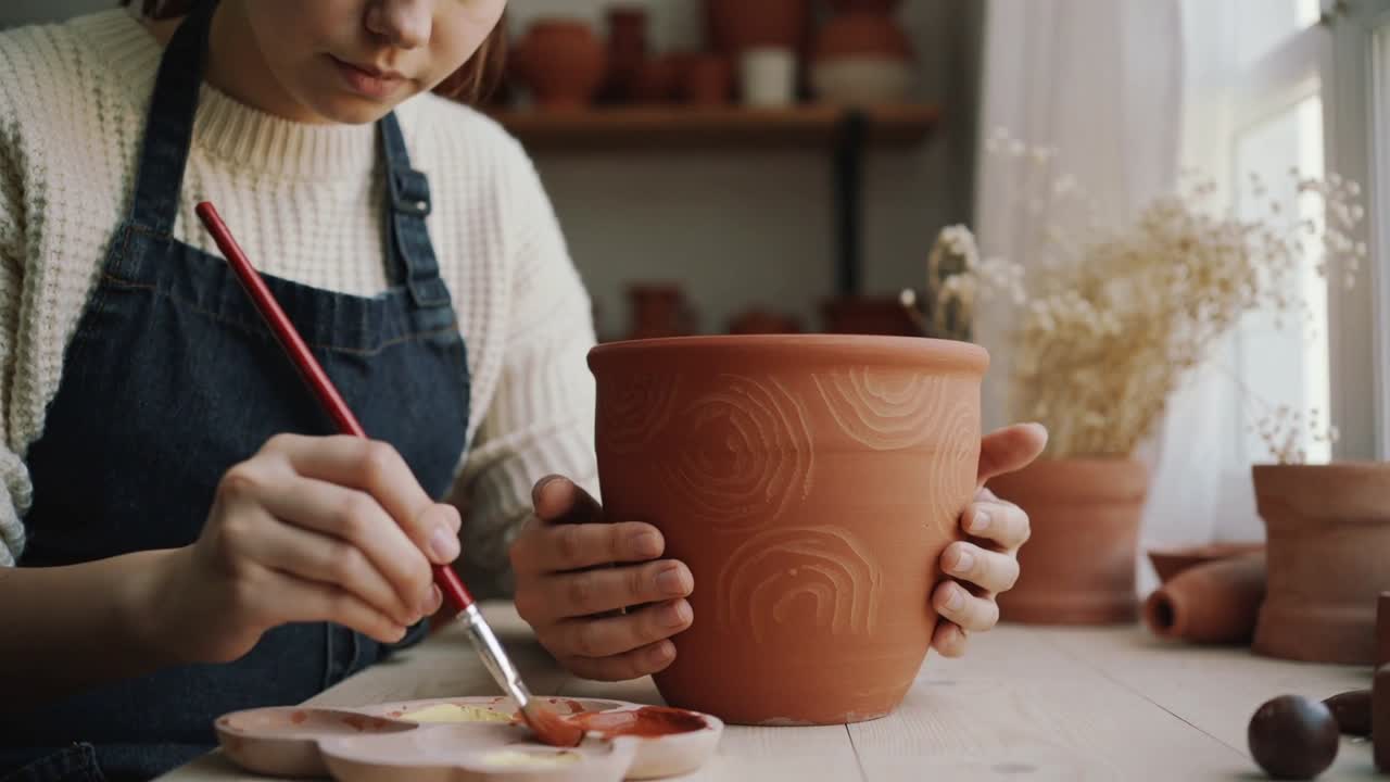 Vasaio che intinge il pennello nella tavolozza per dipingere un vaso d'argilla decorativo in studio, con maglione color crema e grembiule di jeans