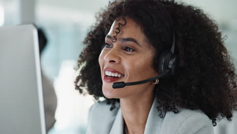 happy woman, call center and headphones