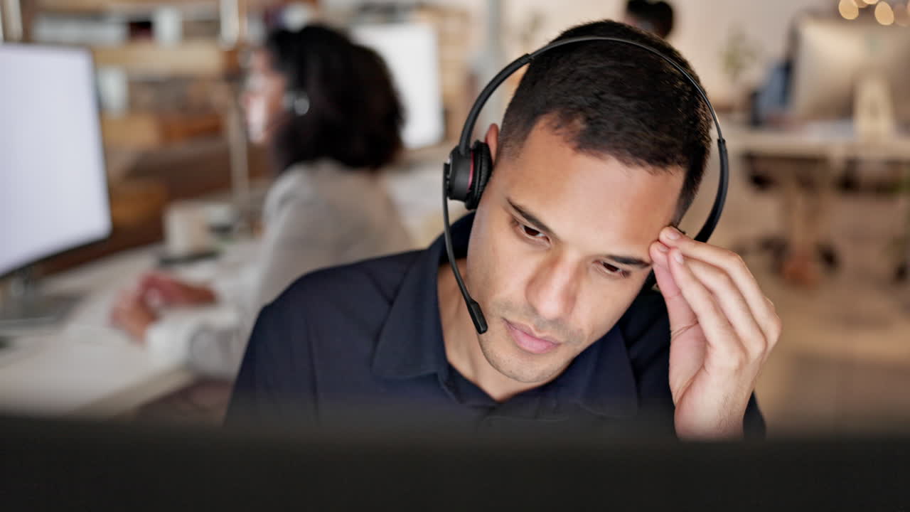 Call center, headache and business man stress