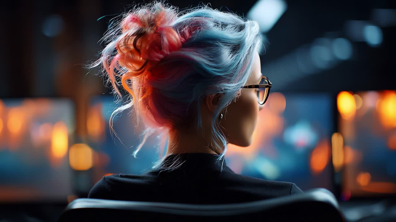 A young woman with vibrant, colorful hair, wearing glasses, sits in front of multiple glowing computer screens, deeply engaged in her digital environment, showcasing modern technology and creativity