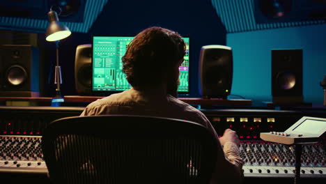 audio technician working in control room to edit and process tracks