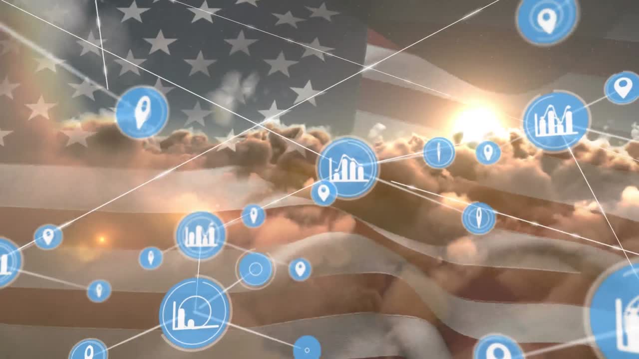 디지털 아이콘의 네트워크가 하늘의 구름에 대해 우리  ⁇ 발을 흔들고 있습니다.