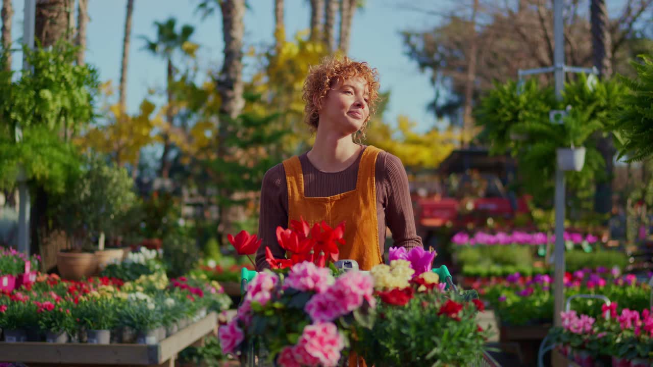 Donna che compra fiori in un garden center
