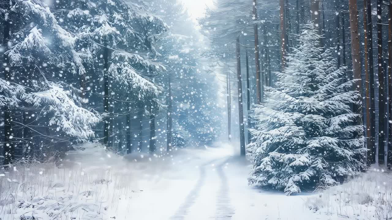 Gentle snowflakes drifting onto pristine forest pathway, blanketing surrounding pine trees with soft white layers and creating serene winter landscape scene
