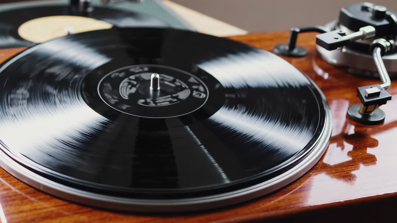 Close-up of a vinyl record spinning on a turntable